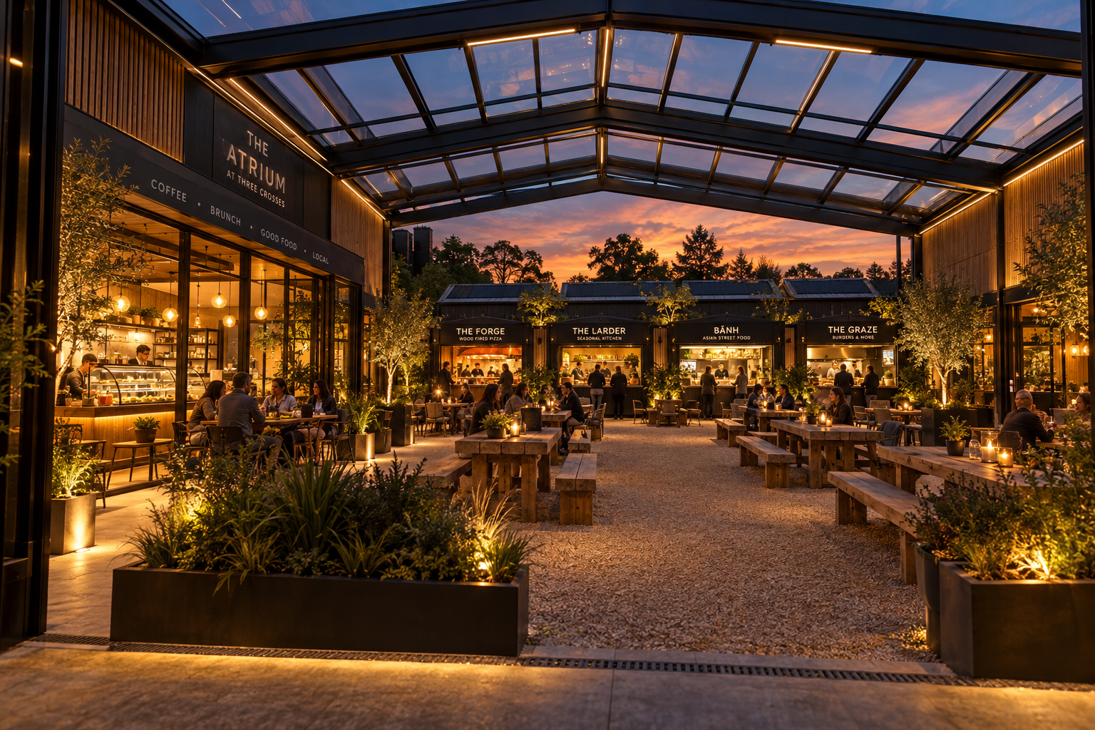 The Atrium concept: glass-covered courtyard with an anchor cafe and four food kitchens at dusk